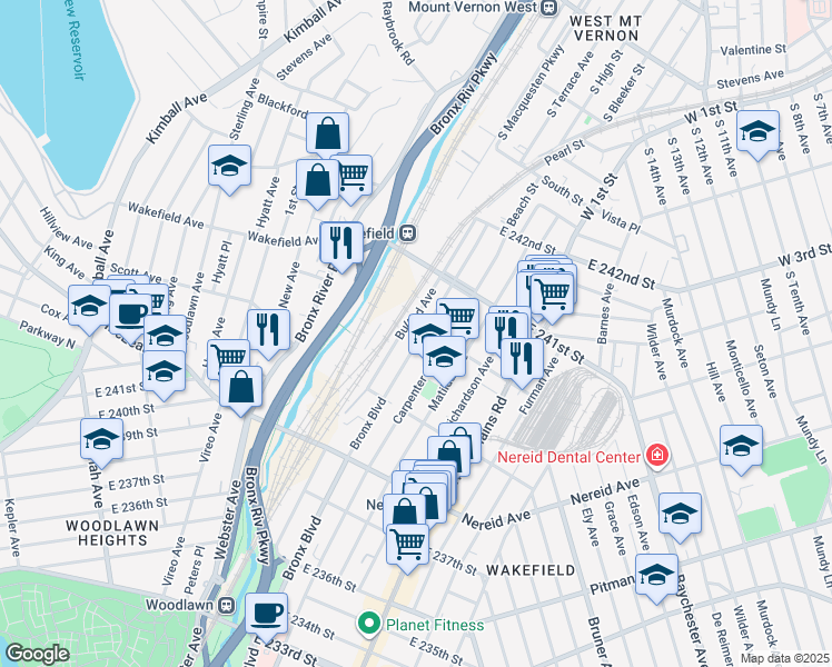 map of restaurants, bars, coffee shops, grocery stores, and more near 4560 Bullard Avenue in Bronx