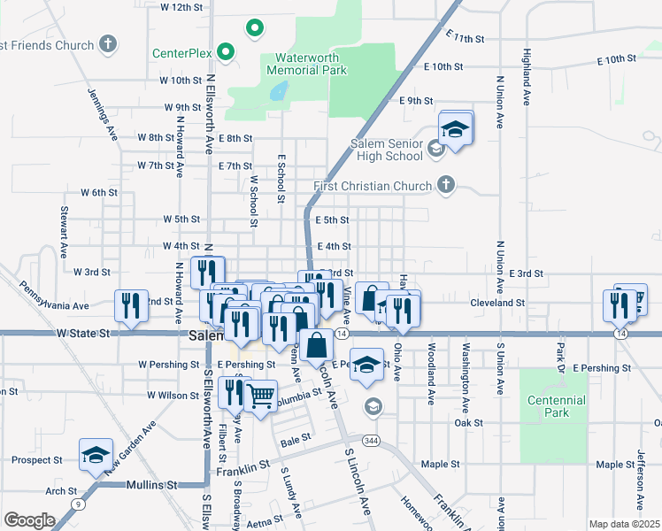 map of restaurants, bars, coffee shops, grocery stores, and more near 364 North Lincoln Avenue in Salem