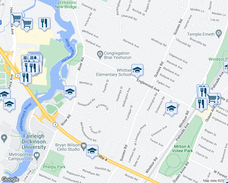 map of restaurants, bars, coffee shops, grocery stores, and more near 1309 Hudson Road in Teaneck