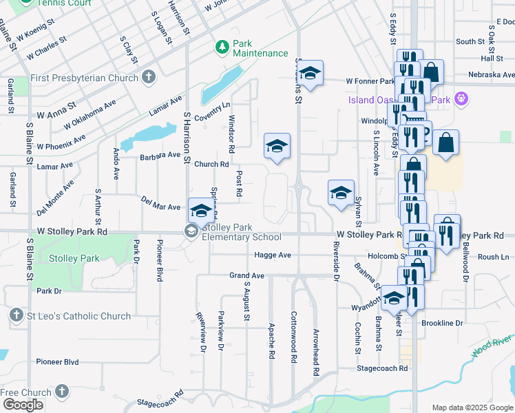 map of restaurants, bars, coffee shops, grocery stores, and more near 1507 Spruce Road in Grand Island