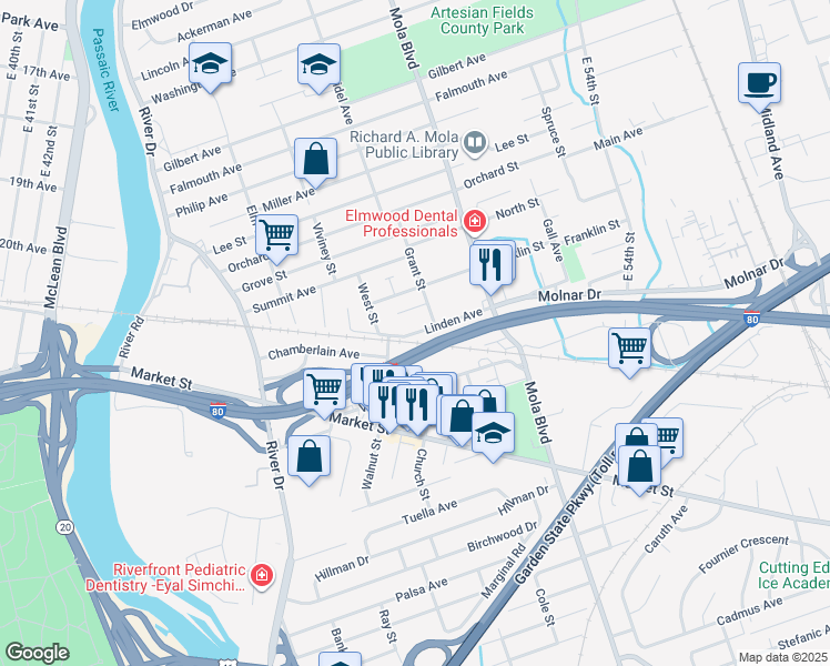 map of restaurants, bars, coffee shops, grocery stores, and more near 43 Linden Avenue in Elmwood Park