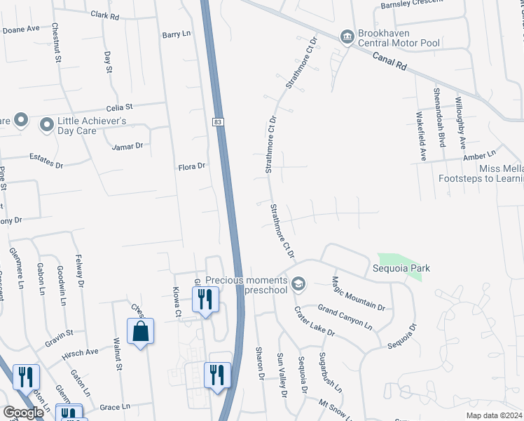 map of restaurants, bars, coffee shops, grocery stores, and more near 16 Farragut Court in Coram