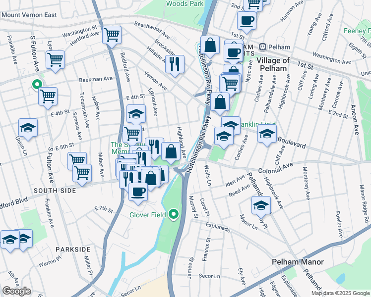 map of restaurants, bars, coffee shops, grocery stores, and more near 443 Highland Avenue in Mount Vernon