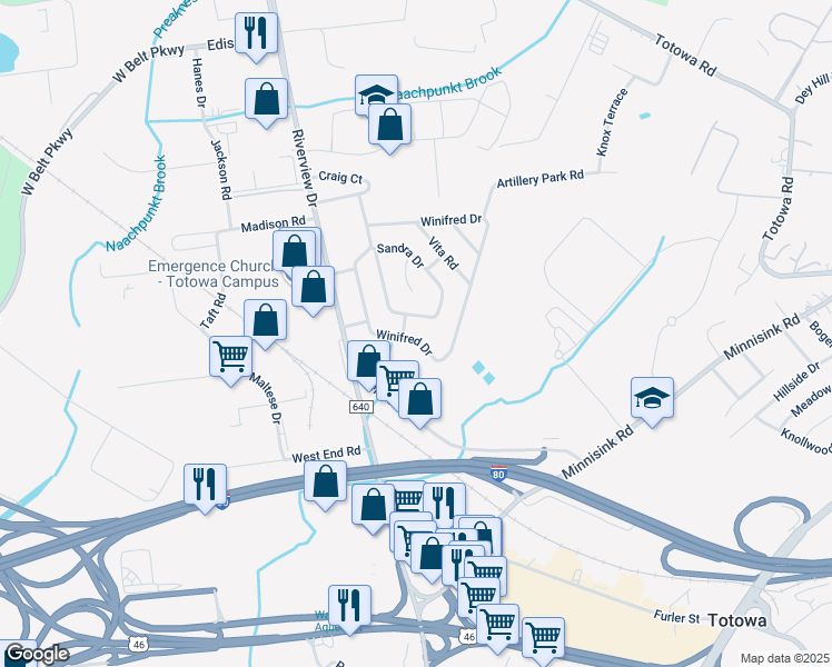 map of restaurants, bars, coffee shops, grocery stores, and more near 276 Winifred Drive in Totowa