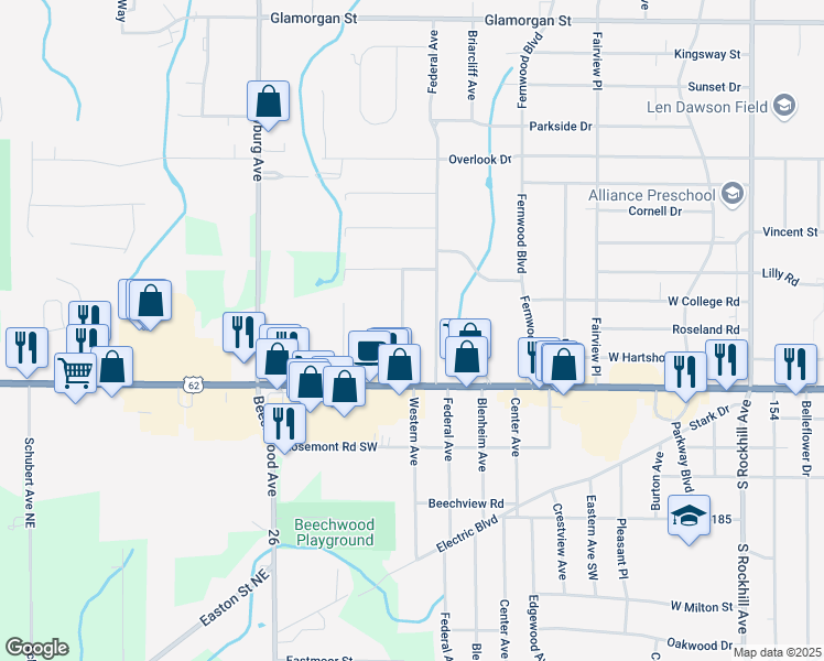 map of restaurants, bars, coffee shops, grocery stores, and more near 1856 Western Avenue in Alliance