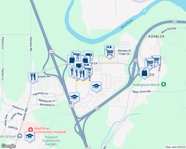 map of restaurants, bars, coffee shops, grocery stores, and more near 5030 Valley East Boulevard in Arcata