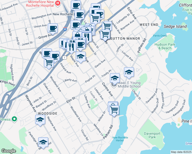map of restaurants, bars, coffee shops, grocery stores, and more near 219 Centre Avenue in New Rochelle