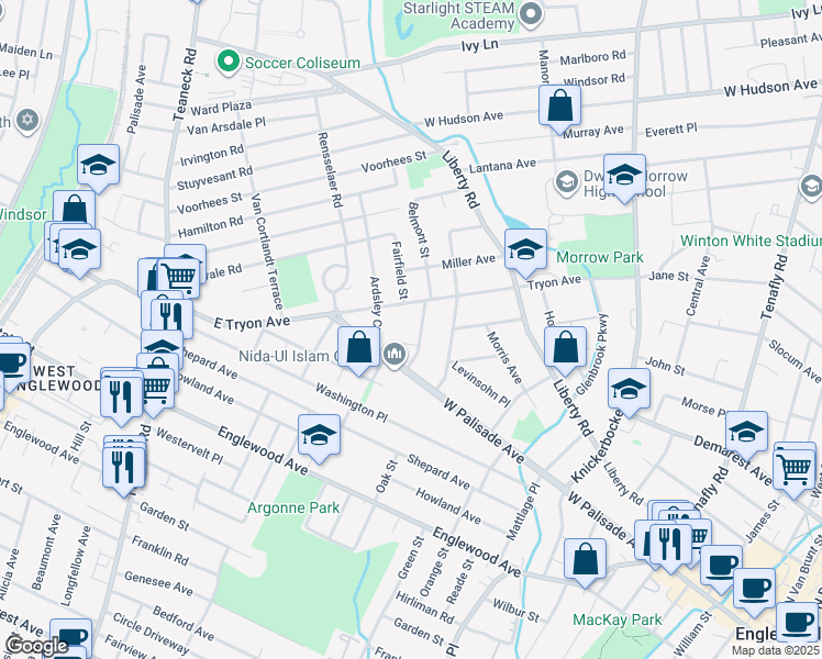 map of restaurants, bars, coffee shops, grocery stores, and more near 36 Belmont Street in Englewood