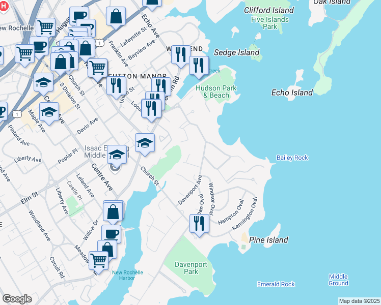 map of restaurants, bars, coffee shops, grocery stores, and more near 29 Chelsea Road in New Rochelle