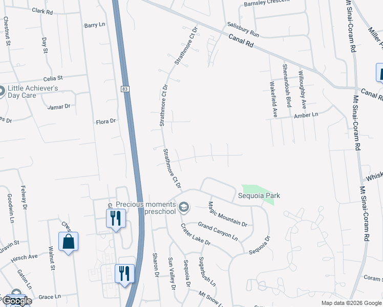map of restaurants, bars, coffee shops, grocery stores, and more near 22 Federal Lane in Coram