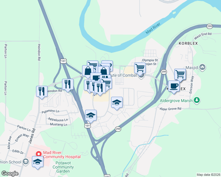 map of restaurants, bars, coffee shops, grocery stores, and more near in Arcata