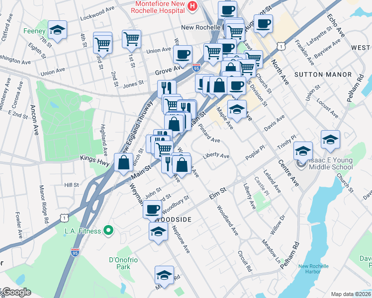 map of restaurants, bars, coffee shops, grocery stores, and more near 12 Woodland Avenue in New Rochelle