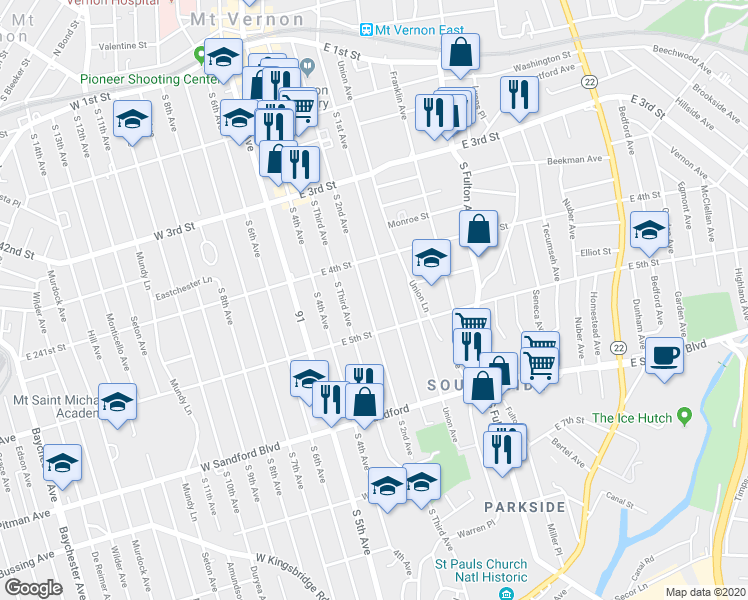 map of restaurants, bars, coffee shops, grocery stores, and more near 335 South 2nd Avenue in Mount Vernon