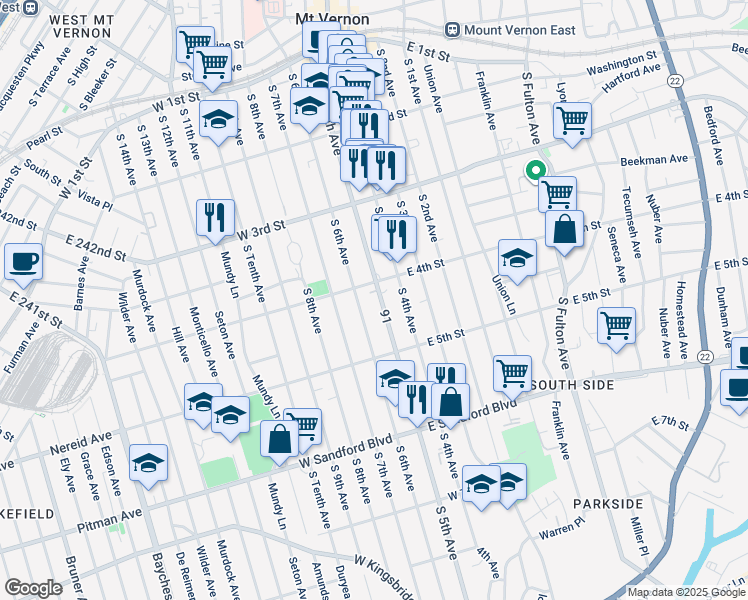 map of restaurants, bars, coffee shops, grocery stores, and more near 312A South 6th Avenue in Mount Vernon