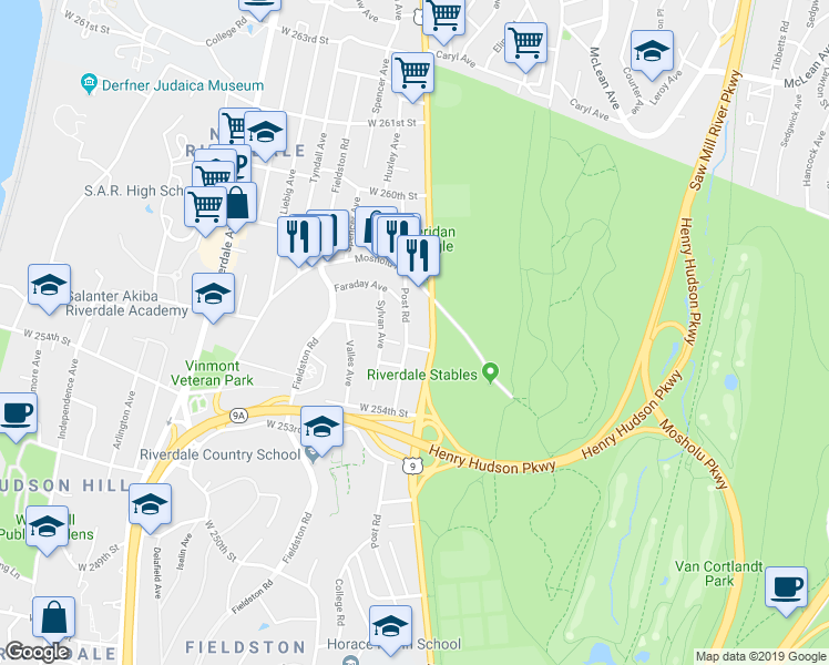 map of restaurants, bars, coffee shops, grocery stores, and more near 5611 Post Road in Bronx