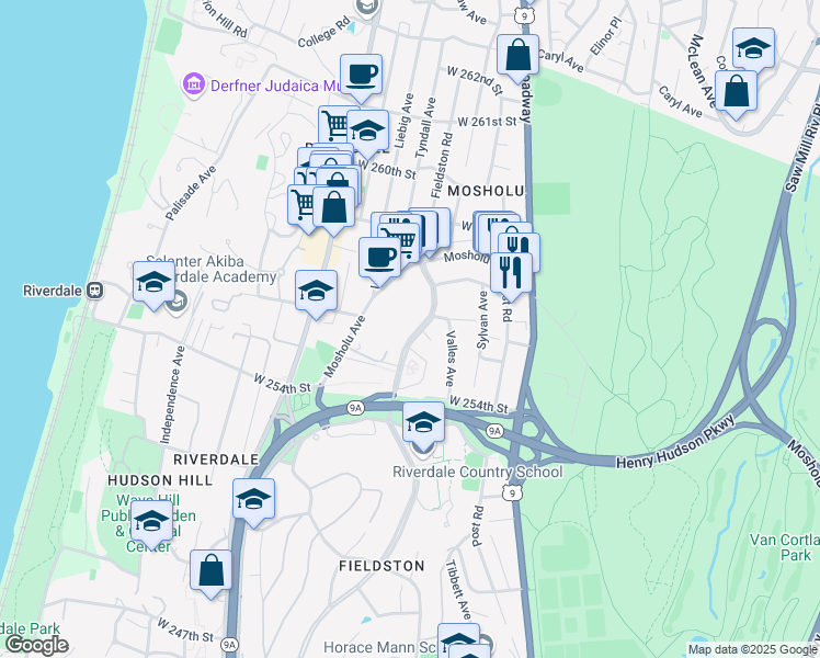 map of restaurants, bars, coffee shops, grocery stores, and more near 5550 Fieldston Road in The Bronx