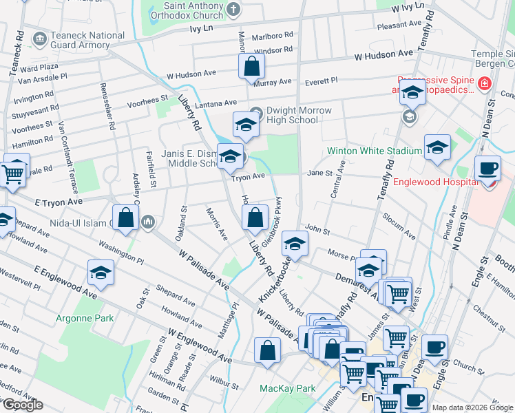 map of restaurants, bars, coffee shops, grocery stores, and more near 319 Howell Road in Englewood