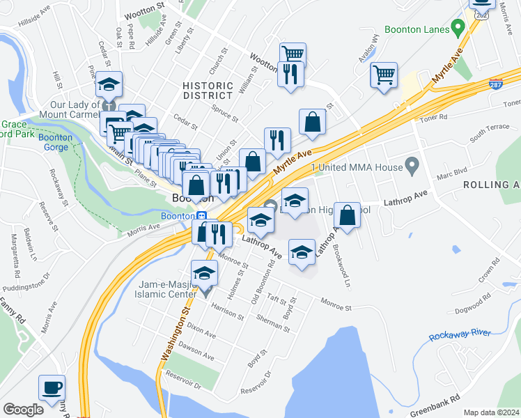 map of restaurants, bars, coffee shops, grocery stores, and more near 223 Maple Avenue in Boonton