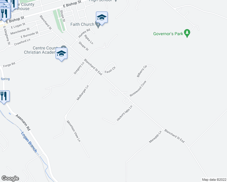 map of restaurants, bars, coffee shops, grocery stores, and more near Spring Brae in Bellefonte