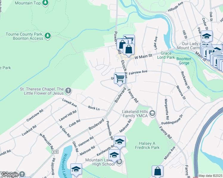 map of restaurants, bars, coffee shops, grocery stores, and more near Sheridan Lane in Boonton Township