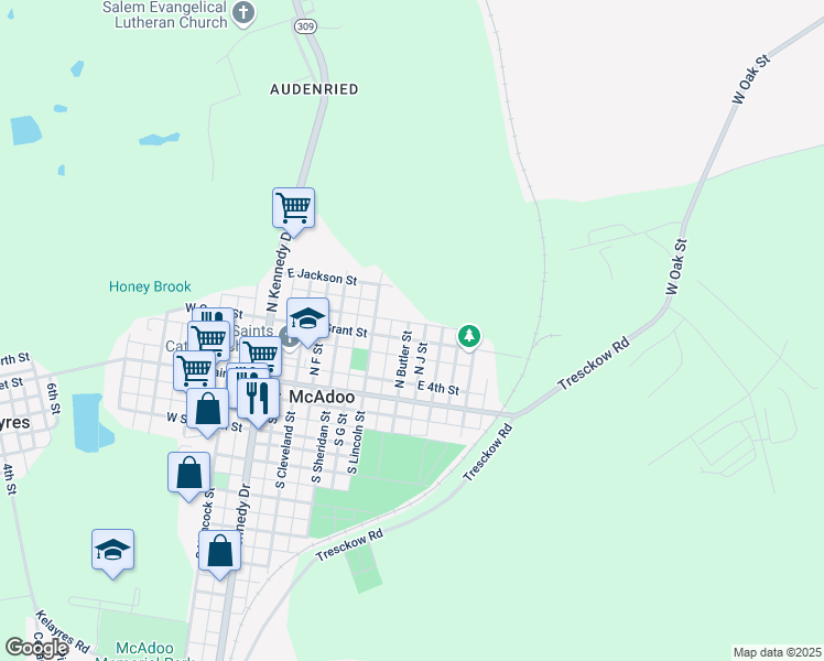map of restaurants, bars, coffee shops, grocery stores, and more near 401 East Grant Street in McAdoo