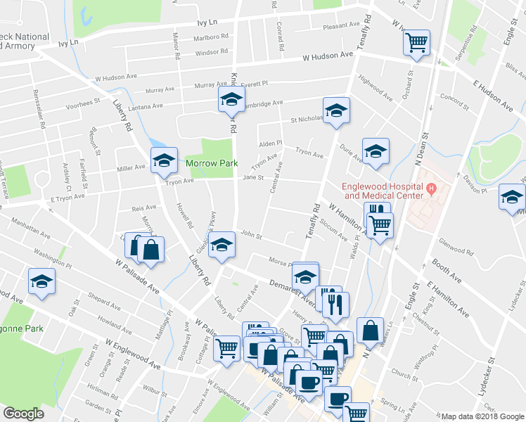 map of restaurants, bars, coffee shops, grocery stores, and more near 186 Central Avenue in Englewood