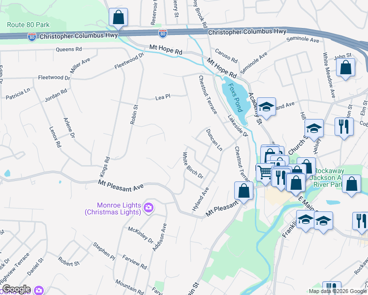 map of restaurants, bars, coffee shops, grocery stores, and more near 91 White Birch Road in Rockaway