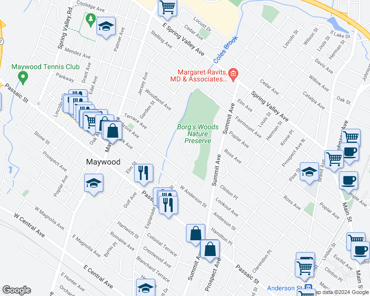map of restaurants, bars, coffee shops, grocery stores, and more near 130 Byrne Street in Hackensack