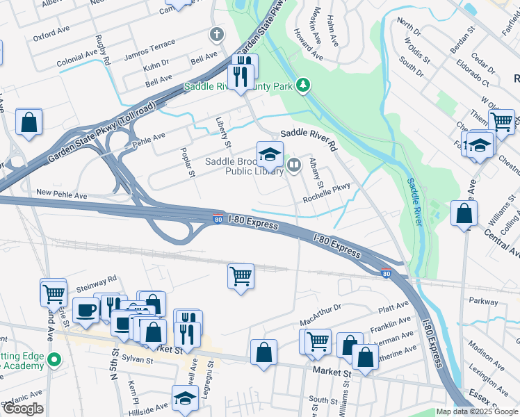 map of restaurants, bars, coffee shops, grocery stores, and more near 130 Rochelle Parkway in Saddle Brook