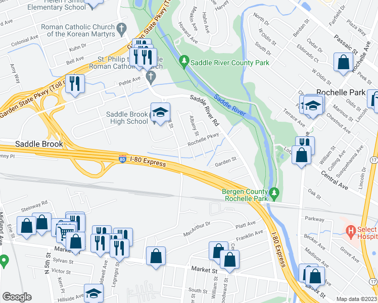 map of restaurants, bars, coffee shops, grocery stores, and more near 289 Congress Street in Saddle Brook
