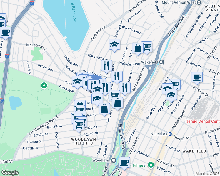 map of restaurants, bars, coffee shops, grocery stores, and more near 35 Hyatt Avenue in Yonkers
