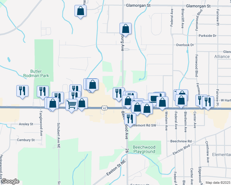 map of restaurants, bars, coffee shops, grocery stores, and more near 1845 South Sawburg Avenue in Alliance