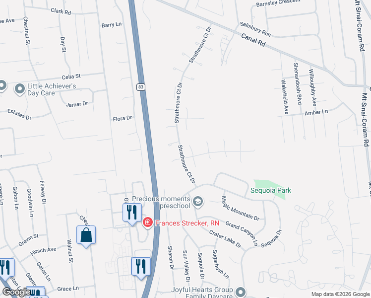 map of restaurants, bars, coffee shops, grocery stores, and more near 13 Charlottsville Court in Coram