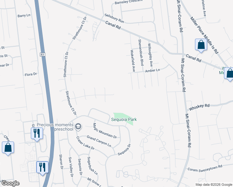 map of restaurants, bars, coffee shops, grocery stores, and more near 74 Federal Lane in Coram