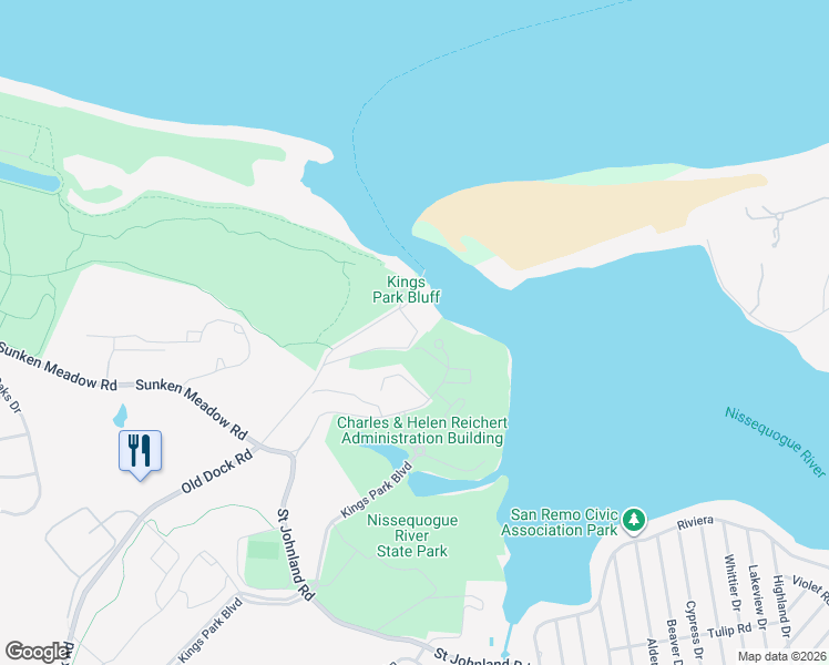 map of restaurants, bars, coffee shops, grocery stores, and more near 1 Old Dock Road in Kings Park