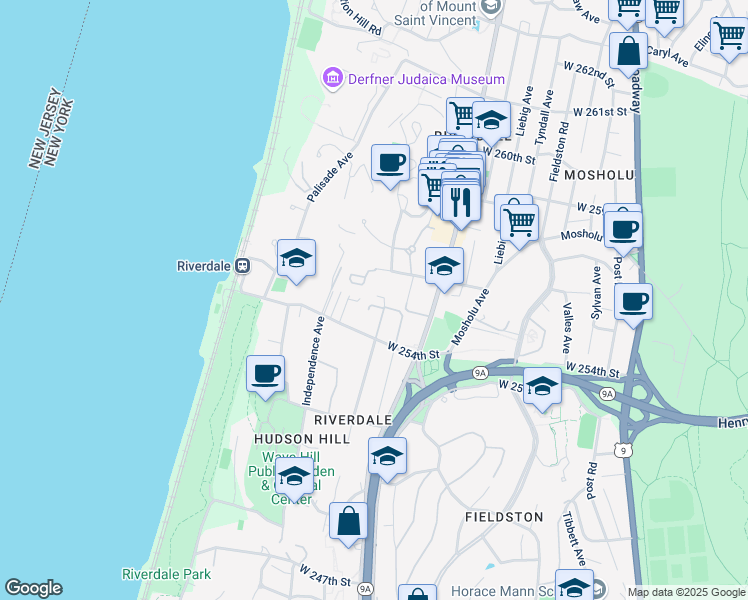 map of restaurants, bars, coffee shops, grocery stores, and more near 5445 Arlington Avenue in Bronx