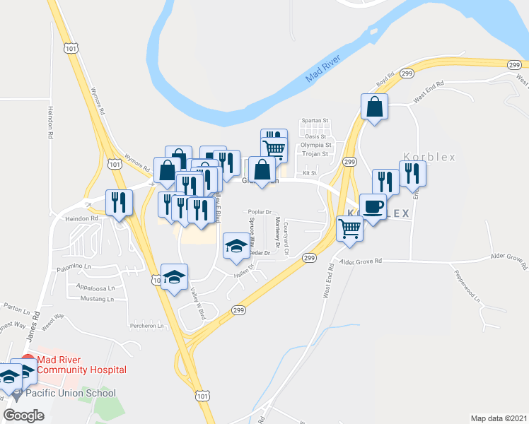 map of restaurants, bars, coffee shops, grocery stores, and more near 1201 Poplar Drive in Arcata