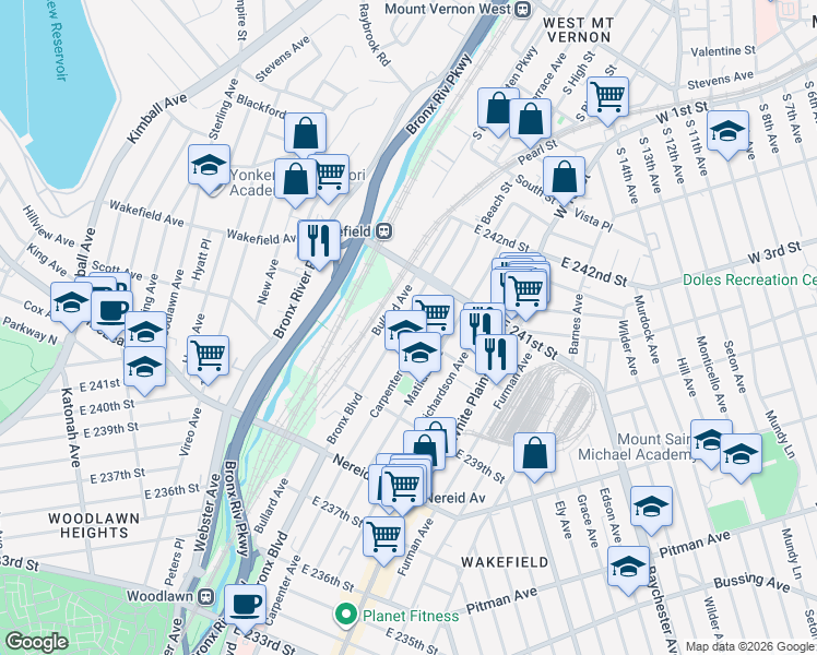 map of restaurants, bars, coffee shops, grocery stores, and more near 617 East 240th Street in The Bronx