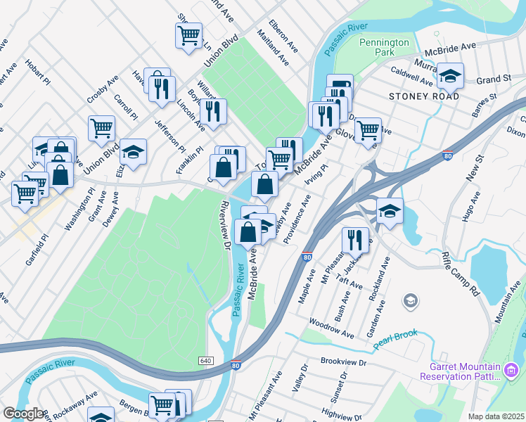 map of restaurants, bars, coffee shops, grocery stores, and more near 626 McBride Avenue in Woodland Park