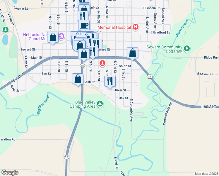 map of restaurants, bars, coffee shops, grocery stores, and more near 542 South 3rd Street in Seward