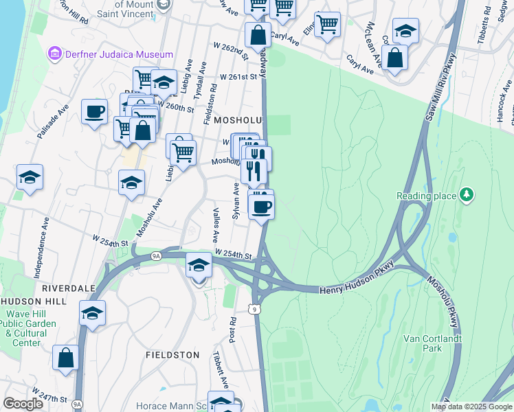 map of restaurants, bars, coffee shops, grocery stores, and more near 5610 Post Road in The Bronx