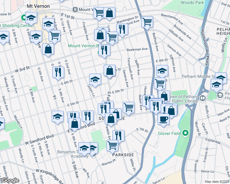 map of restaurants, bars, coffee shops, grocery stores, and more near E 5th St & Hancock Ave in Mt Vernon