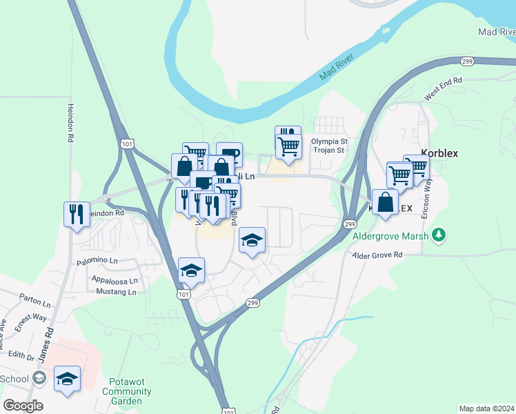 map of restaurants, bars, coffee shops, grocery stores, and more near 1303 Poplar Drive in Arcata