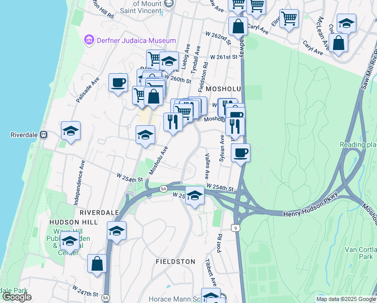 map of restaurants, bars, coffee shops, grocery stores, and more near 5550 Fieldston Road in The Bronx