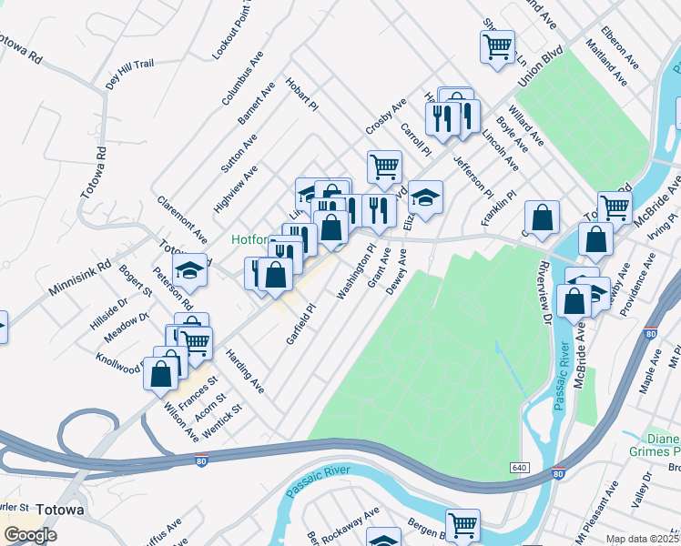 map of restaurants, bars, coffee shops, grocery stores, and more near 12 Garfield Place in Totowa