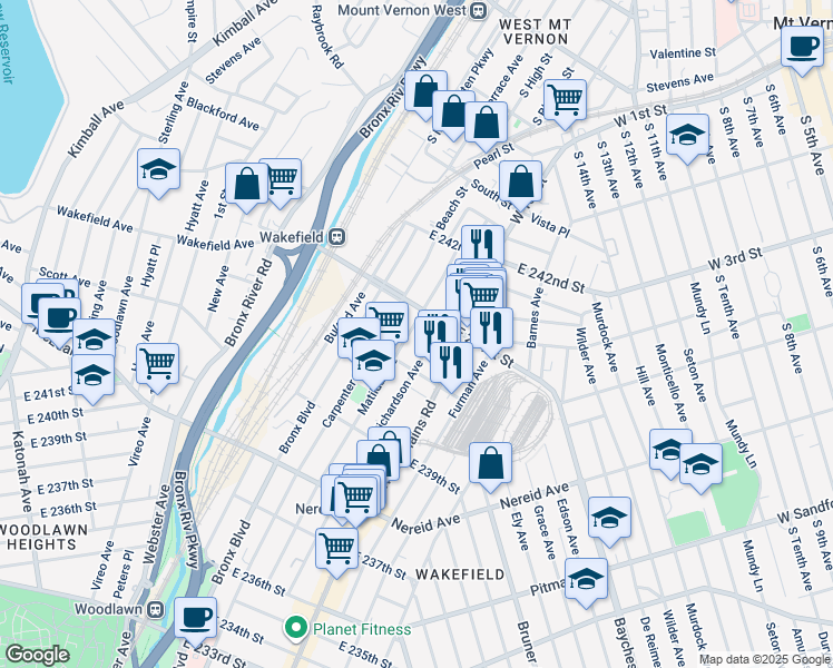 map of restaurants, bars, coffee shops, grocery stores, and more near 4630 Matilda Avenue in The Bronx