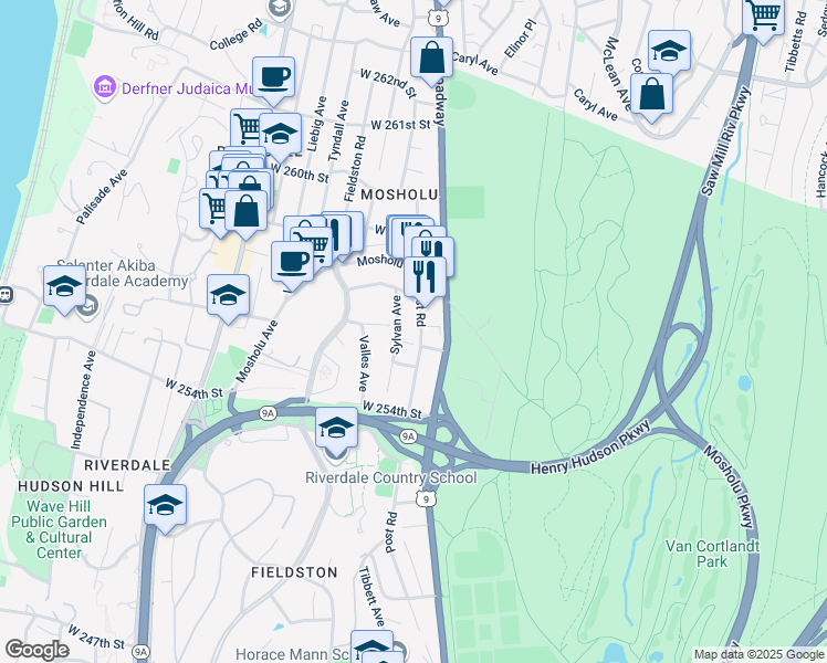 map of restaurants, bars, coffee shops, grocery stores, and more near 5611 Post Road in Bronx