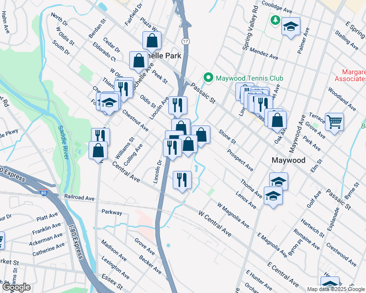 map of restaurants, bars, coffee shops, grocery stores, and more near 168 New Jersey 17 in Rochelle Park