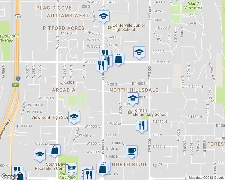 map of restaurants, bars, coffee shops, grocery stores, and more near 115 East 1350 North in Bountiful