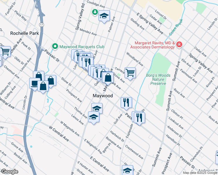 map of restaurants, bars, coffee shops, grocery stores, and more near 11 East Pleasant Avenue in Maywood